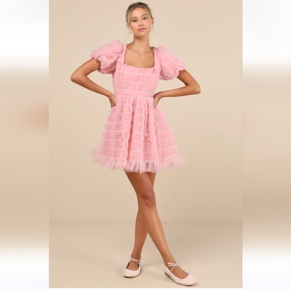 LuLus- Utterly Adored Pink Tulle Textured Puff Sleeve Bow Mini Dress